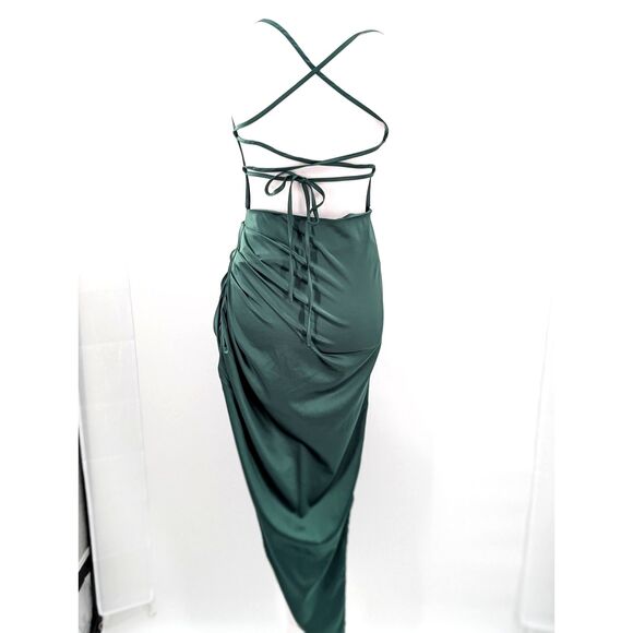 Emerald Green Satin Tie Neck Cowl Backless Formal Prom Midi Dress Size Medium - Picture 3 of 7